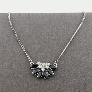 Silver Tone Black & Clear Crystal Rhinestone Pendant Necklace Regencycore Glam